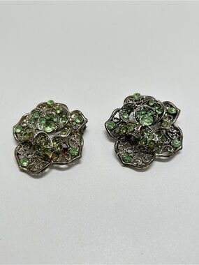 Vintage Silver And Green Crystal Floral Brooches, Set Of 2